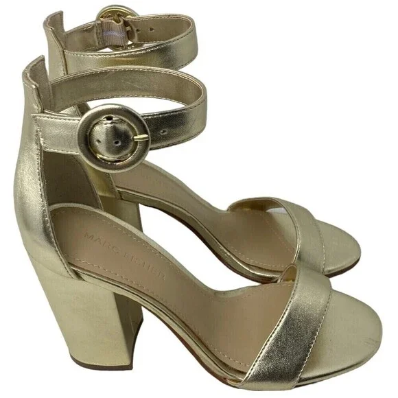 NEW Marc Fisher Magali Heel Size 5.5 M Leather Open Toe Shoe Ankle Strap Gold - Picture 2 of 12